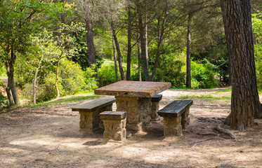 Une table en pierre avec les bancs pour le pique-nique dans le forêt.  Parc naturel