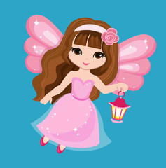 Beautiful little fairy in a pink dress with a lantern. Vector illustration isolated on turquoise background.