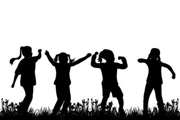 silhouette of children play and dance on grass