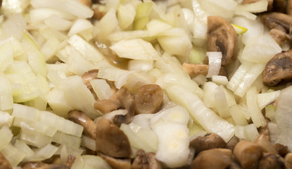 Mushrooms with onions are fried in a frying pan