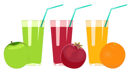 Set of fruit juices isolated on white background. Apple juice, pomegranate juice, orange juice vector illustration.