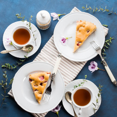 Strawberry pie from mixed flour. Spring summer still life. Sweet food festive treat. Flat lay