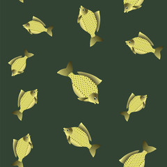 Set of Fish Isolated on Green Background. Carp Seamless Pattern