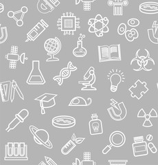 Science, gray background, contour icons, monochrome, seamless, vector. White, line icons on gray field. Different types of scientific activities. Vector flat background. 