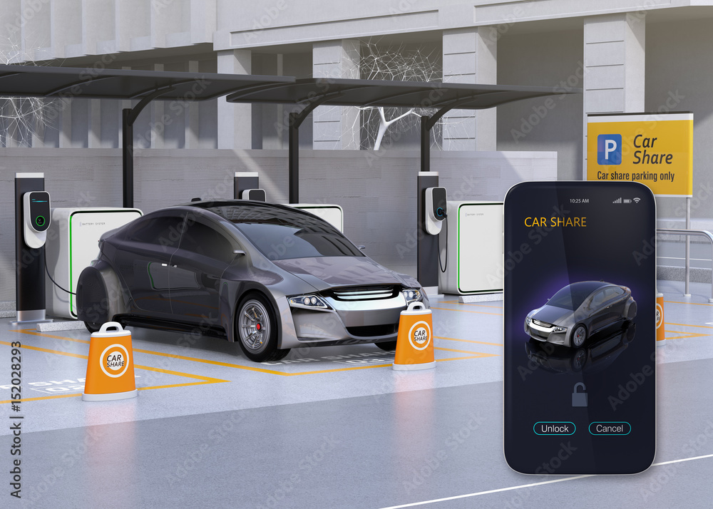 Poster car share parking lot and smartphone app for sharing. using the car share app to unlock the car. 3d 