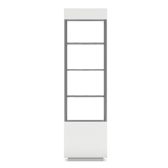 Empty showcase with glass shelves for exhibit. 3D render illustration isolated on white background. Trade show booth blank pedestal for expo design.