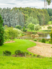 Parkland, with a lake surrounded by trees.