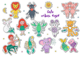 Big set of cute fantastic animals and characters as zodiac signs
