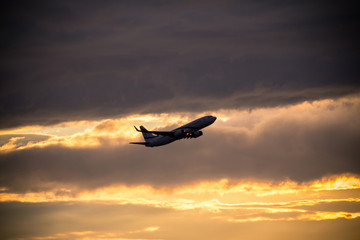 Naklejka na ściany i meble Silhouette of airplane at sunset