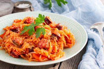 Prepared cabbage with sausages, horizontal