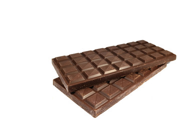 Two piled up chocolate bars isolated on white background with free space for text and design 