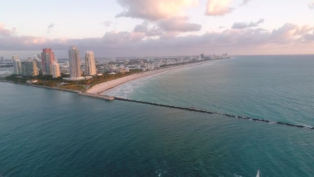 Aerial Flyover Sailboat in Government Cut South Beach Morning Glow