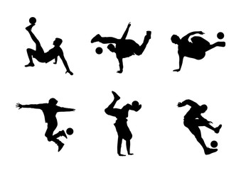 Set of freestyle soccer vector silhouettes, tricks with ball - obrazy, fototapety, plakaty