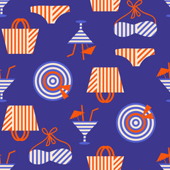 Obraz premium Summer beach seamless pattern with bikini and cocktails
