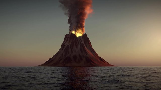 Volcano eruption in the ocean on sunset