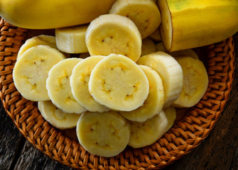Banana slices in a basket on a table