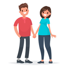 Couple of young people. Man and woman hold hands on a white background