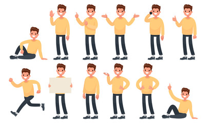 Set of a guy in casual clothes in different poses. A character for your project. Vector illustration in a flat style