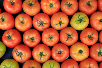 Group of ripe fresh red tomatoes on a market