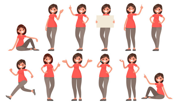 Set of a woman in casual clothes in different poses. A character for your project. Vector illustration