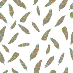 Feathers Boho Seamless Pattern. Tribal Ethnic Background Texture. Clothing Design, Wallpaper, Wrapping. Vector Indian Ornament.