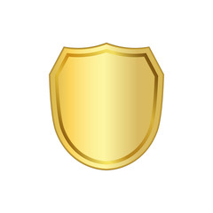 Gold shield shape icon. 3D golden emblem sign isolated on white background. Symbol of security, power, protection. Badge shape shield graphic design Vector illustration