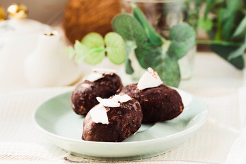 Homemade raw bounty candy, healthy vegan dessert