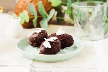 Homemade raw bounty candy, healthy vegan dessert