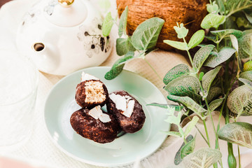 Homemade raw bounty candy, healthy vegan dessert