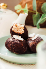 Homemade raw bounty candy, healthy vegan dessert