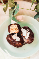 Homemade raw bounty candy, healthy vegan dessert, close up.