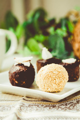 Homemade raw chocolate candy, bounty, Raffaello..Healthy vegan dessert