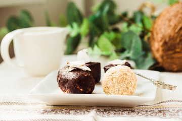 Homemade raw chocolate candy, bounty, Raffaello..Healthy vegan dessert