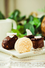 Homemade raw chocolate candy, bounty, Raffaello..Healthy vegan dessert