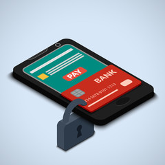 Phone and plastic bank card, closed lock