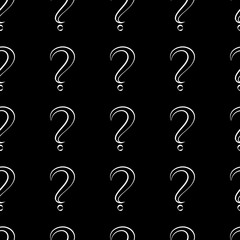 Seamless pattern with question marks. Same sizes. Black marks with white stroke on black background. Vector illustration