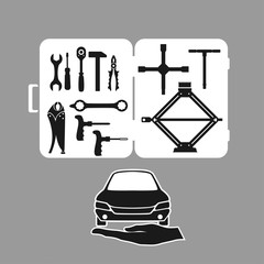 A set of tools for repair and maintenance of cars, a car on the palm of a simple icon