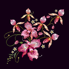 Orchids embroidery. Beautiful tropical orchids flower. Template for clothes, textiles