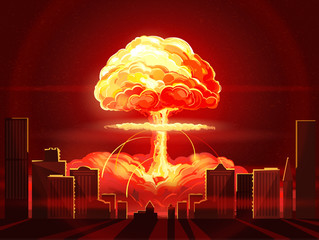 Nuclear explosion. Atomic bomb in the city. Symbol of nuclear war, end of  world,  dangers of nuclear energy