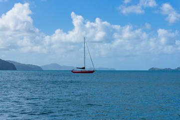 Fototapeta na wymiar Red sail boat, yacht on calm sea