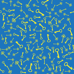 Yellow Silhouettes of Key Isolated on Blue Background. Seamless Gold Keys Pattern