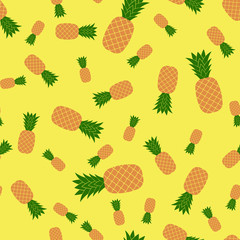 Fresh Ripe Pineapple Seamless Pattern on Yellow. Tropical Fruit Background.