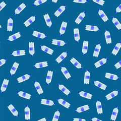 Plastic Water Bottles Seamless Pattern on Blue Background