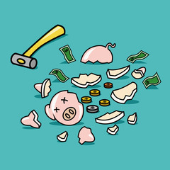 Broken Piggy bank with money and hammer, vector illustration.