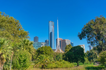 Melbourne cityscape surrounded by green trees and palms
