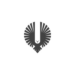 Obraz premium Eagle logo, emblem of a flying hawk hunter, silhouette of a bird of predator with wings directed upwards in the style of negative space, design element template for printing on a T-shirt