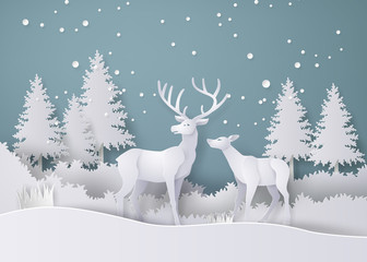 Obraz premium Deer in forest with snow in the winter season.vector paper art style.