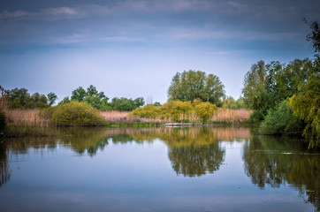 Canal with trees and vegetation reflected in the water. Specific landscape of this area.