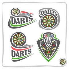 Naklejka premium Vector set icons for Darts game: thrown arrow in bullseye of dartboard, 4 abstract clip art logo with title text - darts, graphic image of sports emblem shield on dart board theme, isolated on white.