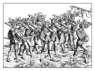 Lansquenet soldiers on foot with rifles, XVI century